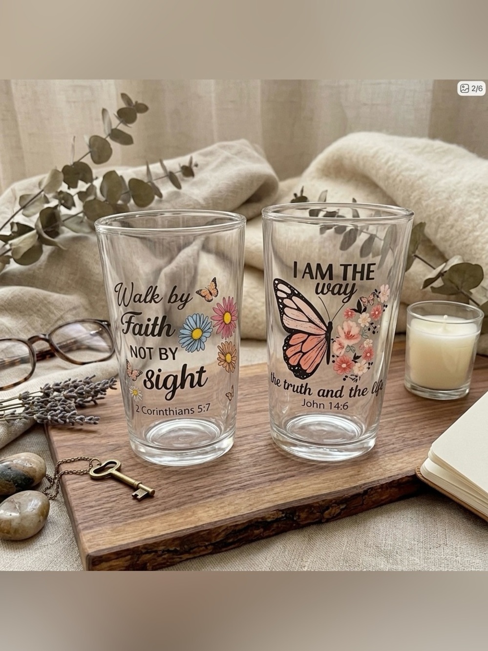 NEW Set of 2 Christian Inspirational Glasses - Walk By Faith GIFT SET
